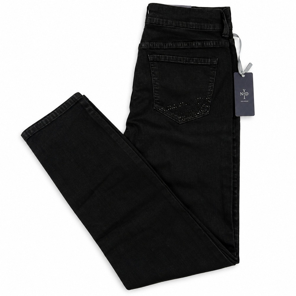 NYDJ Straight Leg Jeans Womens 8 Black Rhinestone Back Pocket Slimming Stretch